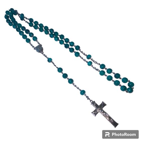 Green Glass Bead Holy Rosary 32" Prayer Crucifix Colorful Christian Religious - Picture 9 of 10